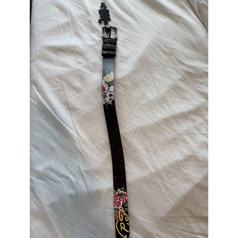 Ed Hardy Mens Black Leather Tattoo Graphic Belt Skull Rose Size 38 VB91621EHQA